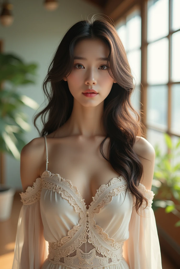 White skin, Large Breasts、Beautiful body、Detailed beautiful young woman, Black Hair, length, Wavy messy hair, Perfect green eye detail, Delicate, symmetrical, realistic and beautiful face, (Library Background), white underwear costume , Fairy, Wildflowers that blend into your hair, whole body, Masterpiece, Absurd,The finer details, Rich colors, Dramatic lighting, Very detailed, Cinema Lighting