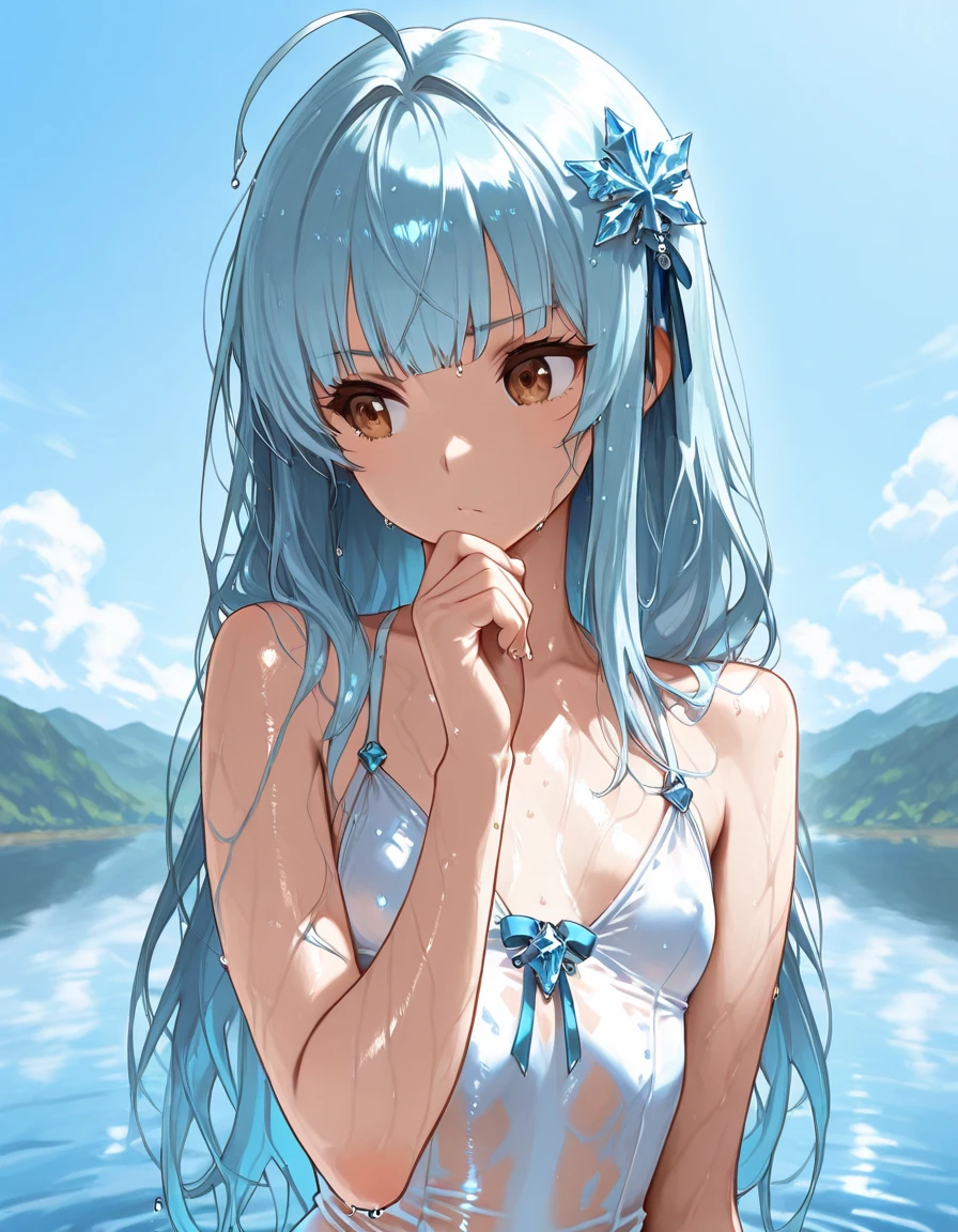 Light blue long pony tail girl diamond eyes diamond cat ears 2 diamond cat tails wearing diamond swimsuit
