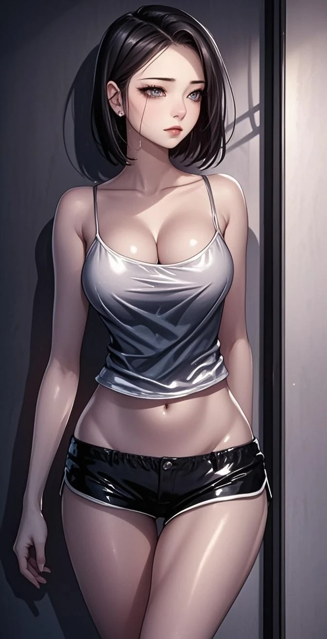 older slim fit girl, full body shot, rounded face, very short disheveled dark hair, big yellow eyes, shy smile, perfect huge breast, band on head with fake cat ears, look at you, (ahoge:1.2), megane, shayfox, a strand of hair from the bangs hangs between the eyes, accurate small snub nose, 16k, masterpiece, realistic style, perfect fingers, short denim microshorts with black pantyhose, accurate hands, naked jacket, pale small areola