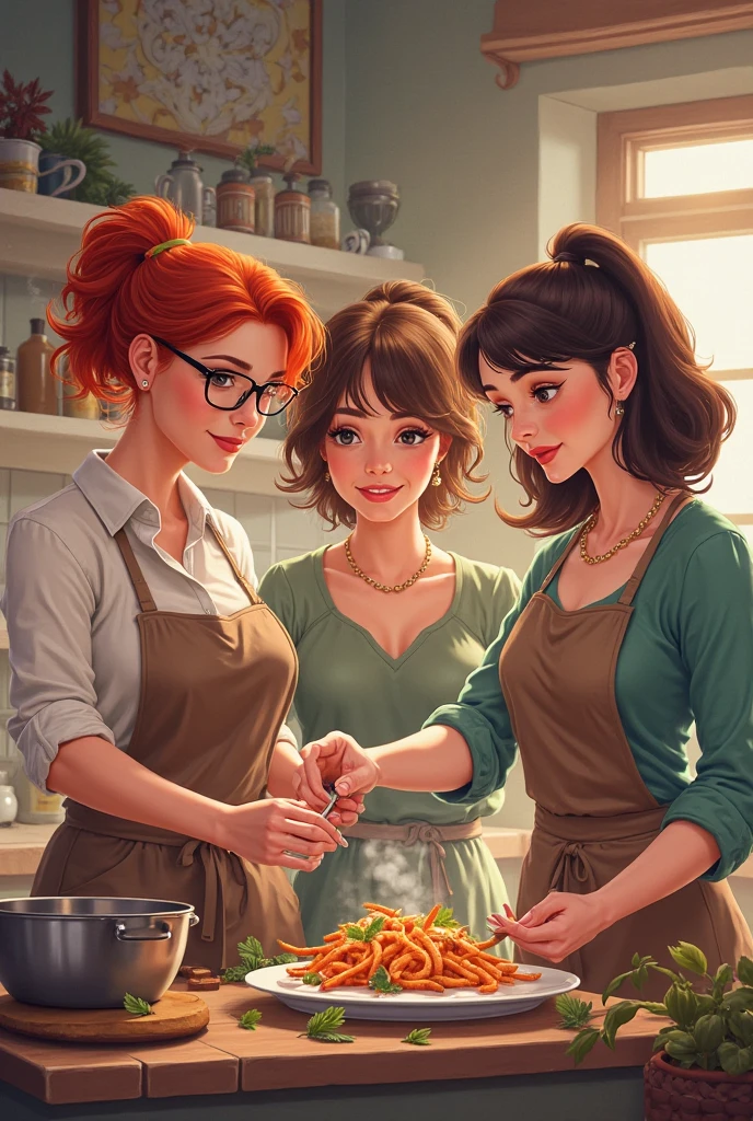 Cartoon of three women sitting at a table with a child, family dinner, em uma mesa de jantar, desenhos animados realistcomo, family guy style, arte dos desenhos animados, cell shaded adult animation, Anime Maids montando tanques antigos, cel - estilo de arte sombreado, desenho animado altamente detalhado, !!Posando_como_Lastly_ceia, na mesa da cozinha, arte digital dos desenhos animados, pintura digital dos desenhos animados, Fechar Tiro