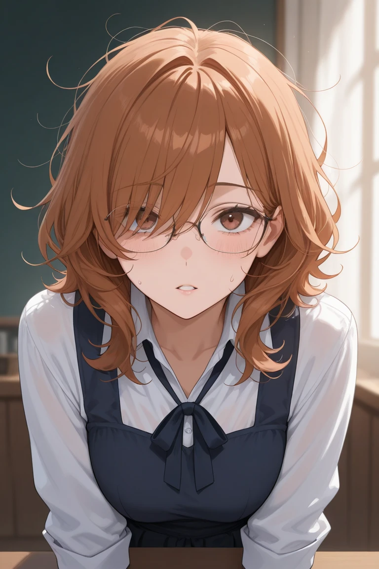 Adult female, short ginger hair, glasses, shy, grey eyes, embarrassed, library, highly detailed, perfect eyes, white shirt with thin black neck tie
