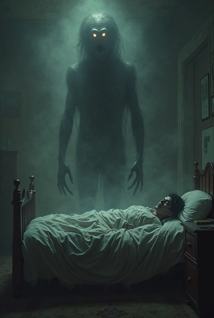 a dark evil shadow rising from a dead man in the back of an ambulance, nightmare