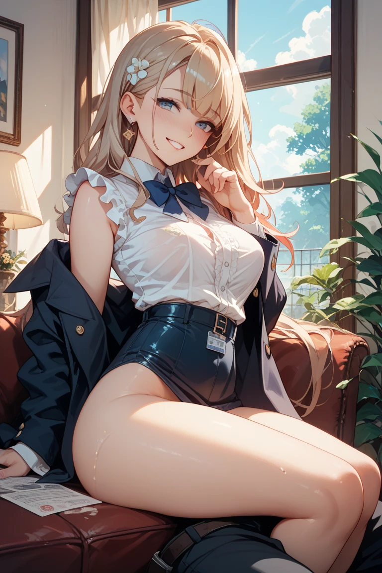 eririspencer, eriri sawamura spencer, blonde hair, blue eyes, blunt bangs, hime cut, long hair, full body, full pose, ((medium BREASTS)), happy face, teeth, Grimace, ((sitting on rock)), ((crossed legs)), BREAK, black skirt, ((black pantyhose)),((armpits)),((hands behind head)), pleated skirt, ((black lace bra)), skirt, zettai ryouiki, BREAK ((looking at viever), ((school shoes)), BREAK, ((playground background)), BREAK (masterpiece:1.2), best quality, high resolution, unity 8k wallpaper, (illustration:0.8), (beautiful detailed eyes:1.6), extremely detailed face, perfect lighting, extremely detailed CG, (perfect hands, perfect anatomy),