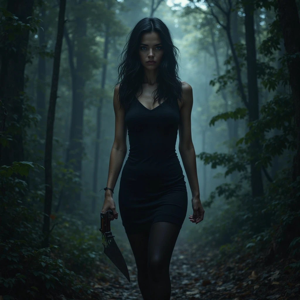 white-skinned woman with a basket in her hands, with brown hair, wearing a red hat, in a short black tight dress and black stockings walks through a dark forest, lead a big fluffy wolf on a leash, against the background of a dark wooden house with glowing windows