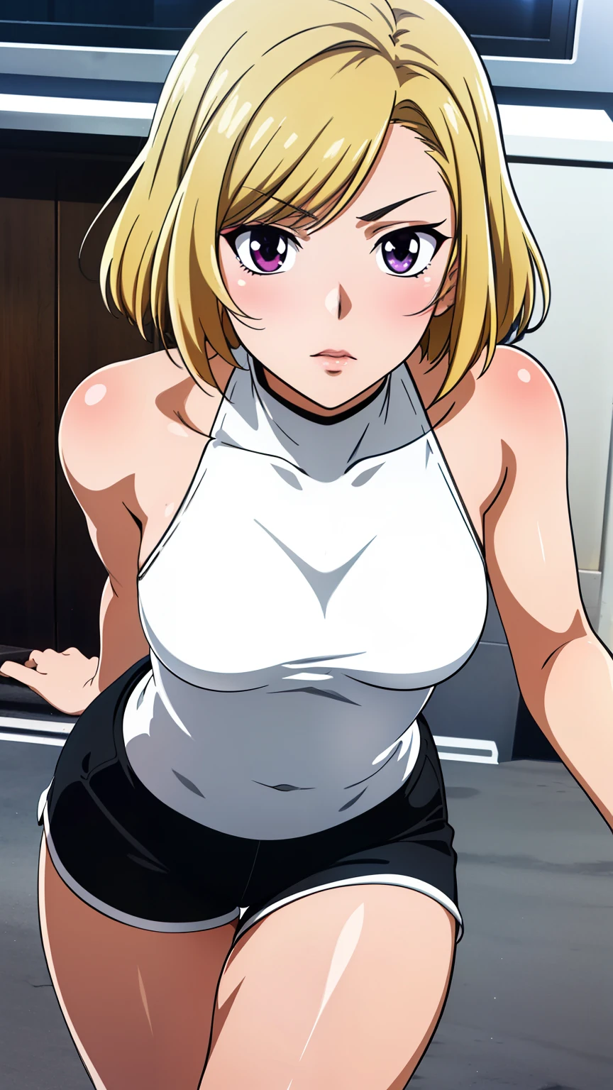masterpiece, high quality, (realistic skin texture), (Anime Coloring), very well detailed, very well detailed, preface face, beautiful eye, perfect eyes, detail eye, big highlight, detail face, super detailed, detail eye, Symmetrical eye, (Dynamic Angle), (((expressionless))), sharp details, That Katamisuzu , blond hair, short hair, (half closed eyes:0.8), (small breasts:1.2), Ken1loli, ((short, dwarf)), (slender:1.3), nffsw, ((black knit, high neck, (sleeveless), off shoulder, side boob, arm, shorts)), looking at the viewer, in the center of the image, sexy poses, dynamic angles, beautiful long legs, Beautiful body, Beautiful Nose, beautiful character design, perfect eye, perfect face,expressive eye, perfect balance , viewers,(Focus on her face),closed my mouth, (Innocent_big_eye:1.0), official art,Highly Detailed CG Unity 8K Wallpaper, perfect lighting,colorful, bright_Front _face_lighting,white skin, (masterpiece:1.0),(Highest_quality:1.0), High Resolution,4K,super detailed, photo shoot, 8k, High Resolution, High Resolution, (Absard Dress:1.2), Kodak Portra 400, FILM GRAIN, lens flare, ( vibrant_color:1.2), pro pics, (Narrow _ waist ),