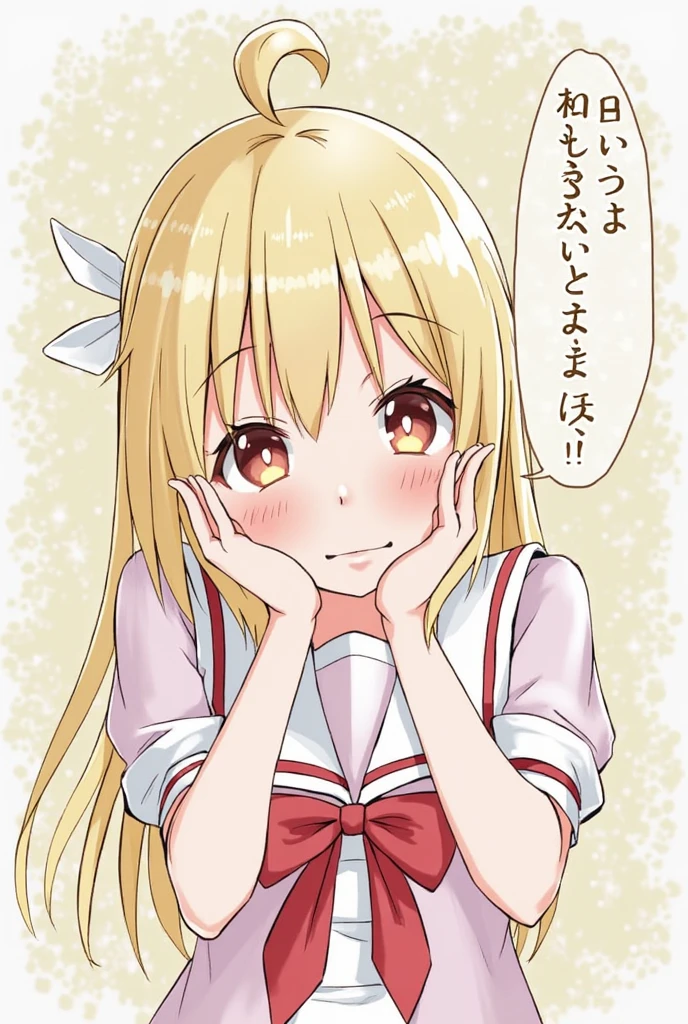 A cute anime girl, 15-16 years old, long hair with yellow bangs, white eyes, happy face, wearing a commander's shirt. Hands behind the back, wearing a restraint.