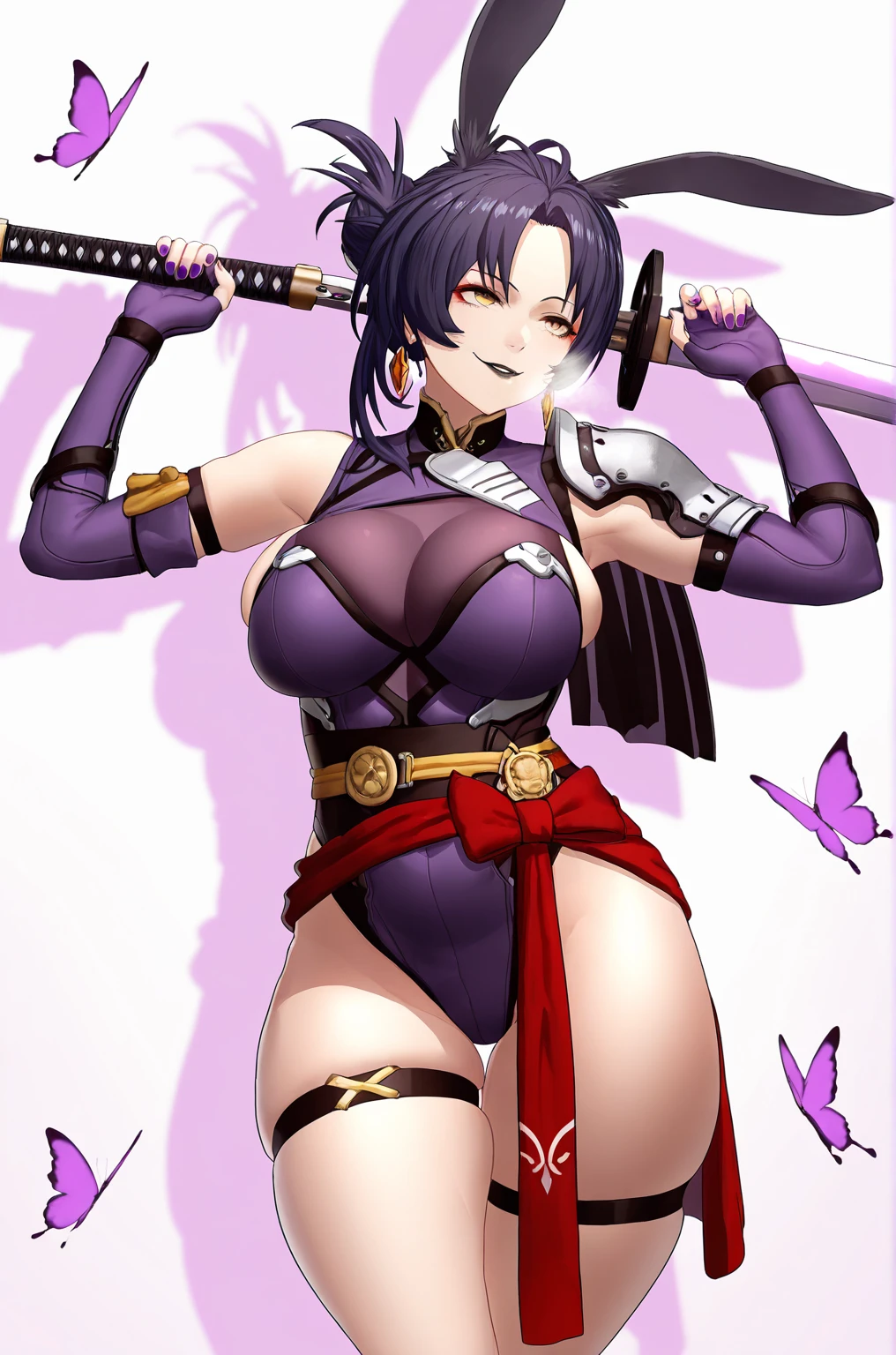 best quality, masterpiece, (leaning over:1.4), 1girl, yuzuriha_(jigokuraku), purple hair, brown eyes, ninja, open clothes, cleavage, small breasts, topknot, medium hair, breasts apart, seductive smile, pants, undressing, (blush:1.1), japanese exterior, temple (NSFW 1.1)