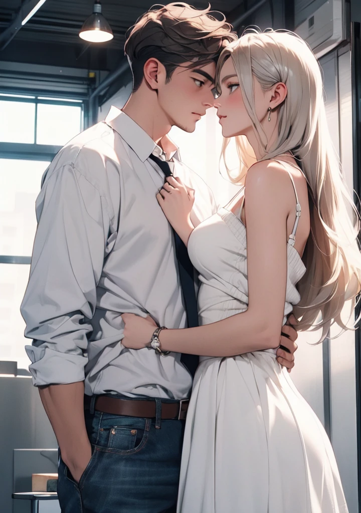 {{male and female couple}}、Stairs in the house、sit on stairs、girl wearing white shirt and tight skirt、The man's icy gaze、boys&#39; 、Put your hands around your waist，Man touching girl&#39;s breasts，huge ，huge ,masterpiece, best quality, groping, shirt lift, 