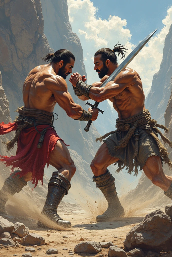 Two great warriors are fighting each other holding their mace fight ,both holding their maces and fight each other ,great bodies with six pack muscular bodies and blood on their bodies ,in that area blood flows like small water river