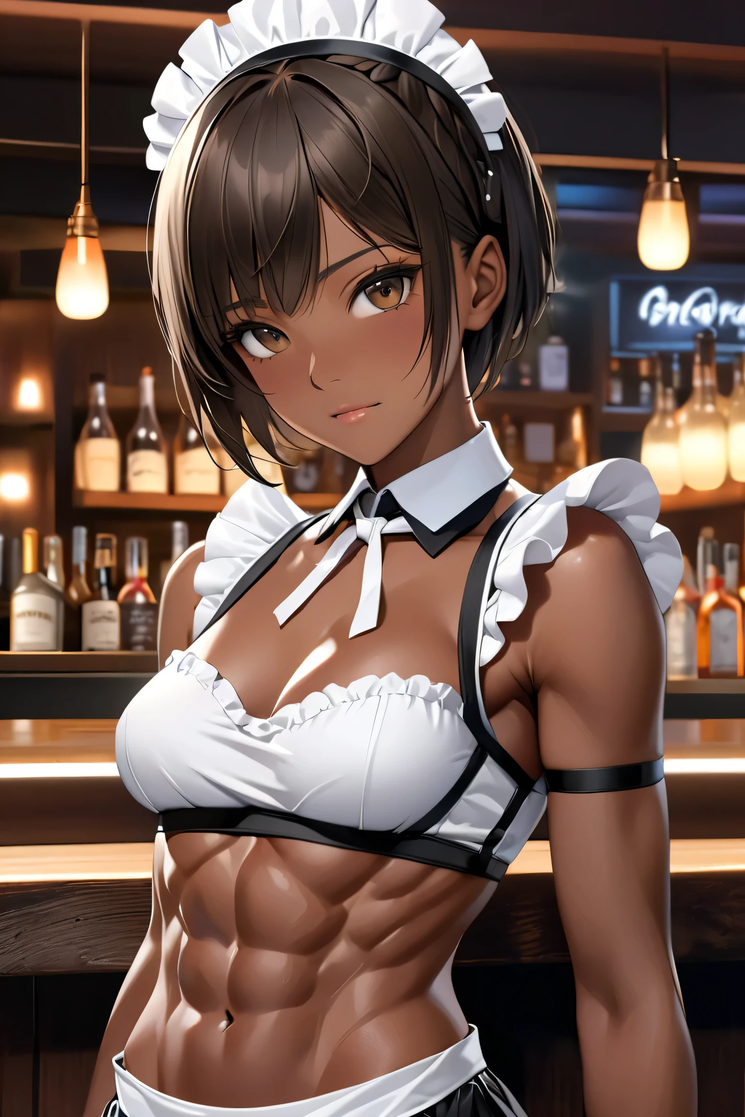 High Quality, Details, photo realistic, night bar, (dark brown skin Japanese tomboy bar maid), (abs), (black short hair), (dark brown skin face:1.3), 