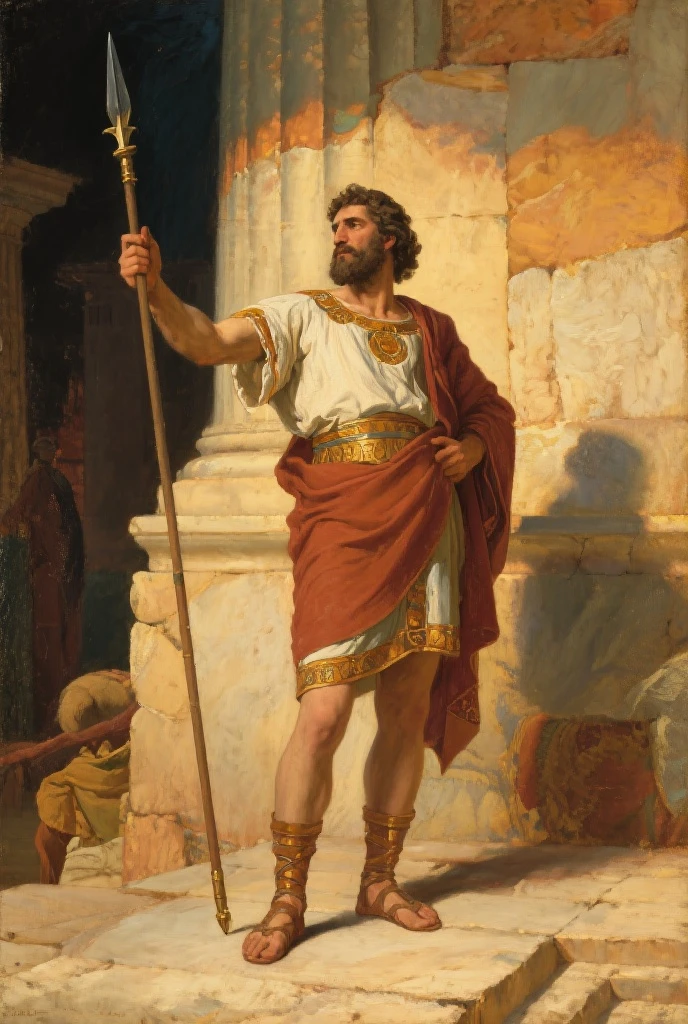 A light-skinned man, blue eyes, beard and dark brown hair, dressed in bone-colored tunic, brown short skirt, sandals tied up to the shins, and sky blue mantle observes a group of ochre-colored stone houses surrounded by olive trees  
