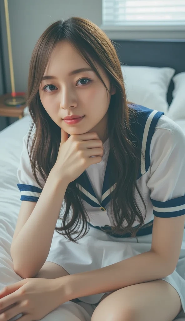 ((((top-quality))))、(((Ultra Precision CG16K Wallpapers)))、(((masterpiece)))、(((ultra-detailliert)))、(((Ultra-extreme details)))、1Man Woman、infp young woman、An 18-year-old woman、((Japanese face))、((extremely beautiful face))、((sasaki nozomi:1.5))、((Soft wave semi-long hair:1.5))、(shinny hair)、Bangs up to the eyebrows、Beautiful brown hair、Beautiful delicate eyes、Brown eyes、raised eyebrows、lofty nose、small nostrils、small mouth、seductive lips、slightly open mouth、Beautiful breasts、C-cup size breasts、cleavage of the breast、Plump body、perfectly proportions、perfect anatomia、perfect-composition、beautiful detailed shading、Beautiful natural lighting、Beautiful detail glow、depth of fields、(((a high chroma)))、(((realisitic:1.9)))、((Vivid:1.4))、((Beautiful skin))、((Skin texture))、((Realistic skin feeling))、(((up close shot:1.5)))、((birdseye view:1.5))、((Shameful face:1.5))、(shame、red blush:1.2)、(Eyes looking at me)、Bright sunshine、(((laying on back in bed:1.5)))、(supine pose)、(((Japanese high school girl wearing uniform、Sailor suit wearing:1.5)))、