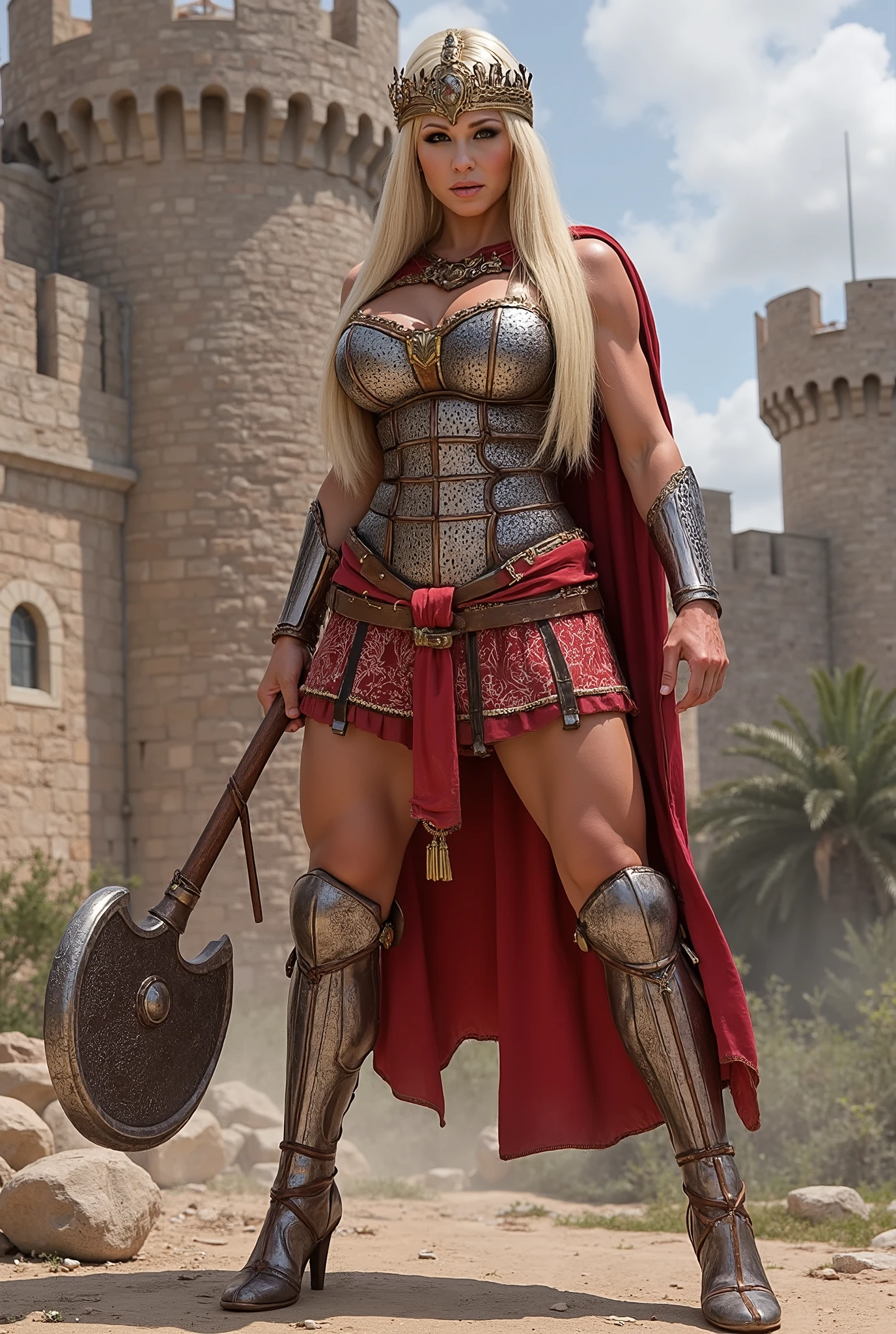 A Medieval Warrior Female, Beatiful and Sexy Woman, With an adorned diadem-mask, Mix Roman Centurion with Medieval Knight, Full set of Sexy Armor of Steel and Blue cape, Extremely muscled and toned sexy body, lean muscles, long flowing hair, Roman fortress background, full body, holding battle huge mace, high quality, better quality, Sexy frontal pose.