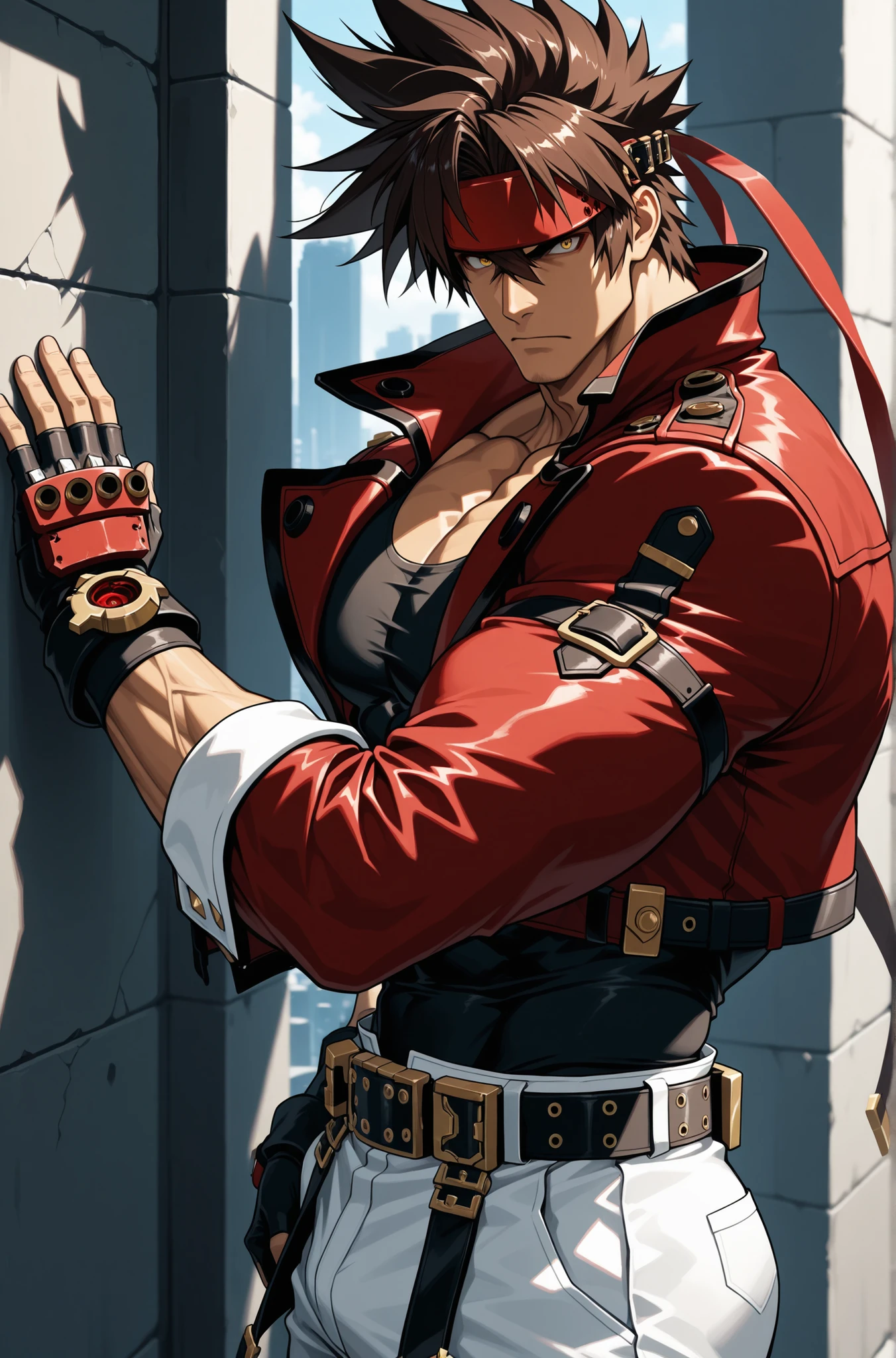 masterpiece, best quality, absurdres, newest, very aesthetic, amazing quality,highres, 1boy, male, Sol Badguy, brown hair, gold eyes, black vest, red jacket, belt, headband,ultra-detailed, intricate details 