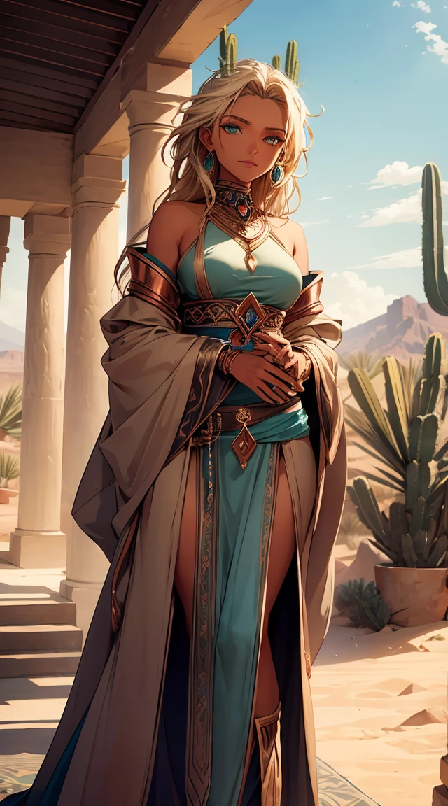 Ultra-realistic 8k CG, masterpiece, best quality, 1girl, 20 years old, woman, (detailed face), colorful, (full body, wide shot), <lora:more_details:0.8> <lora:Caftan_Couture:0.8> paladin_glam, caftan,( armor, High platform heels),standing on stone tiles, desert with multiple palm trees in the background,