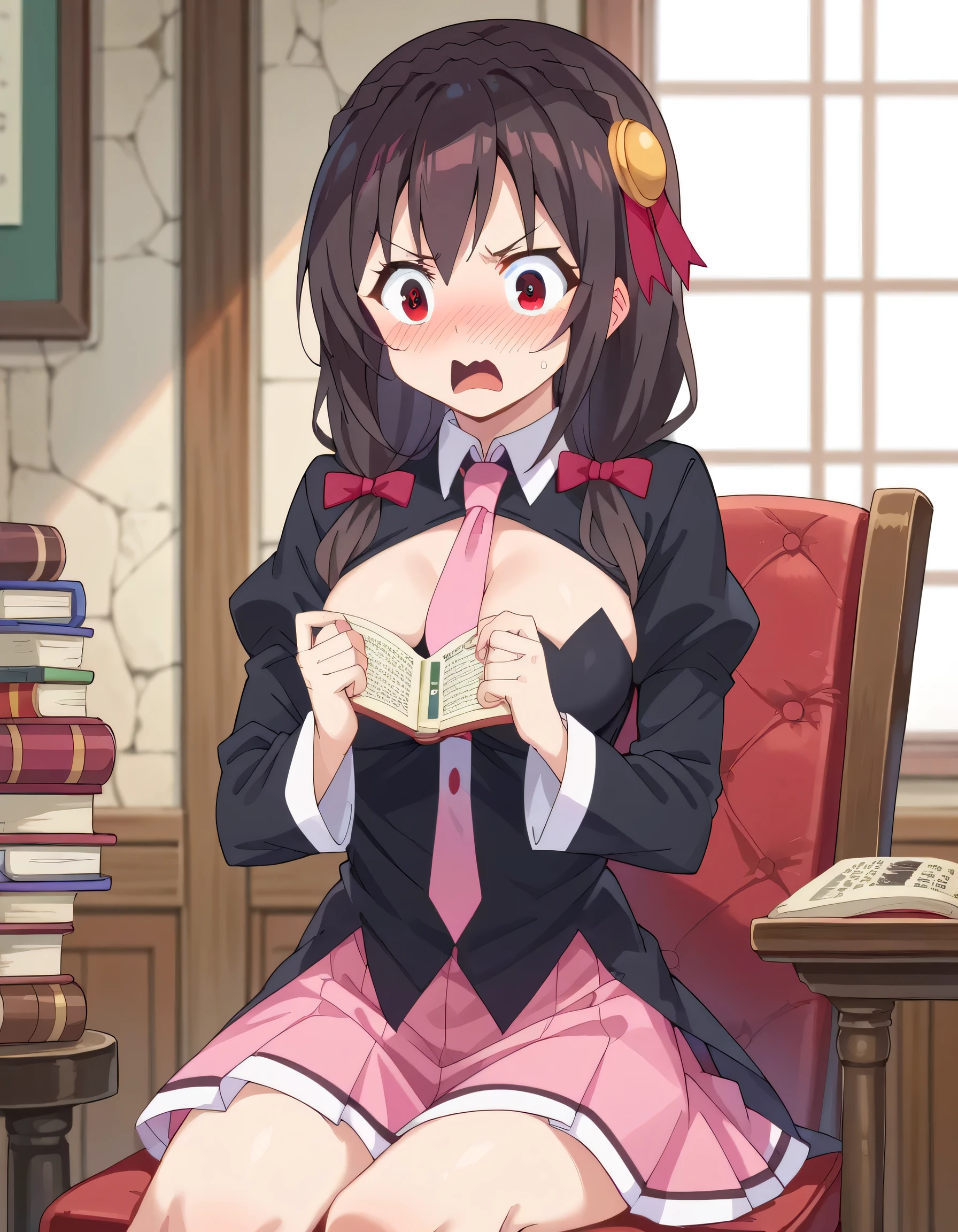 beautiful nerd girl, library background,Sexy,erotic clothes,NSFW,blushy,((shy girl))