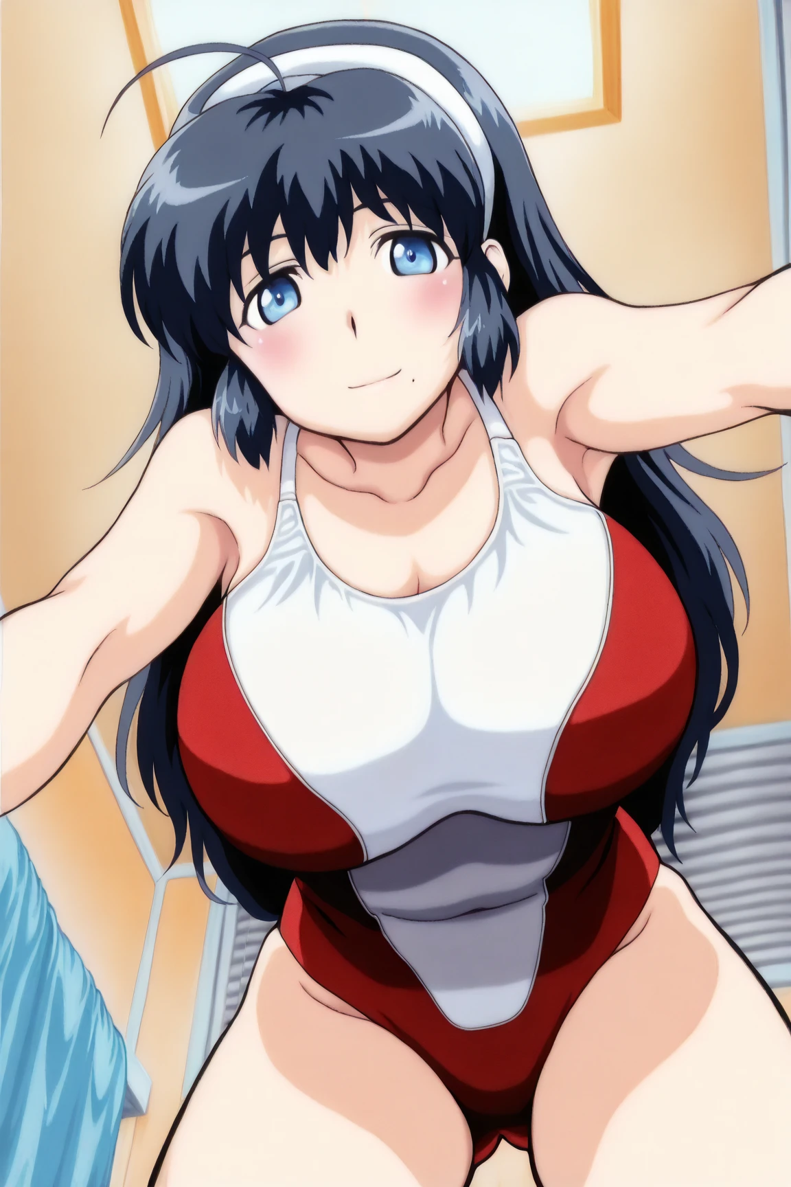 NSFW , K-ON! style , Wear blue monokini swimsuit , Wear boxing groves , So huge breasts.