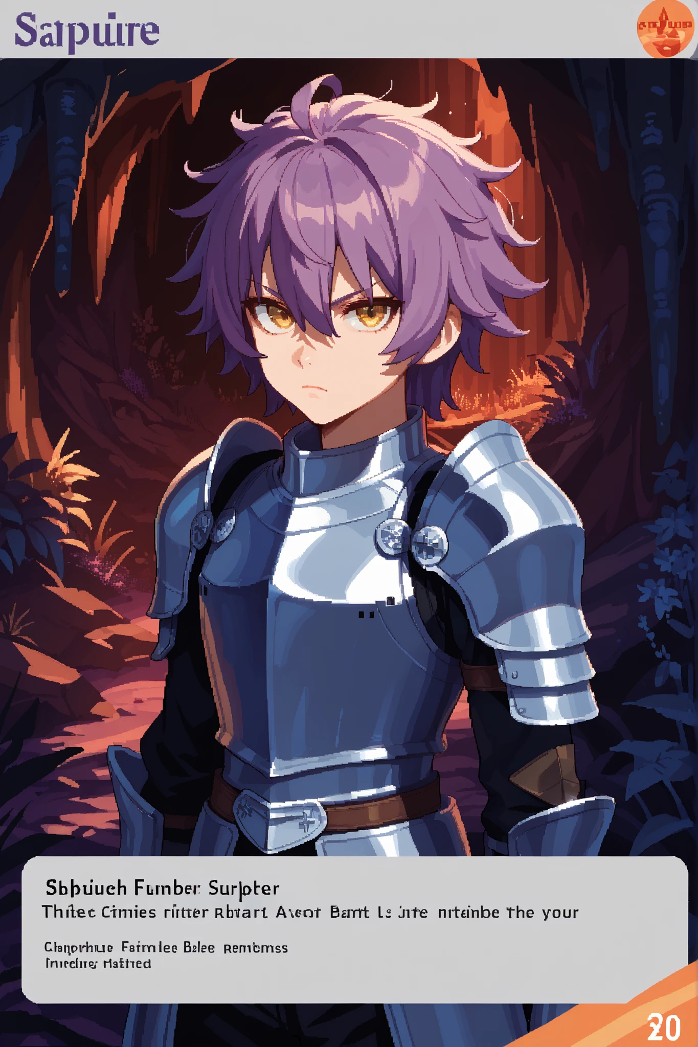 score_9, score_8_up, score_7_up, source_anime, solo, pixel art, tr4dingcard, card (medium), english_text, N, trading_card, white_trade_card_frames, , 1boy, solo BREAK
Purple hair BREAK short hair, messy hair, wolf cut, hair between eyes, yellow eyes BREAK
Blue armor, knight armor, sapphire armor, black pants BREAK
Standing, looking at viewer, serious, closed mouth, (upper body), portrait, cave interior, (purple cave), overgrown plants