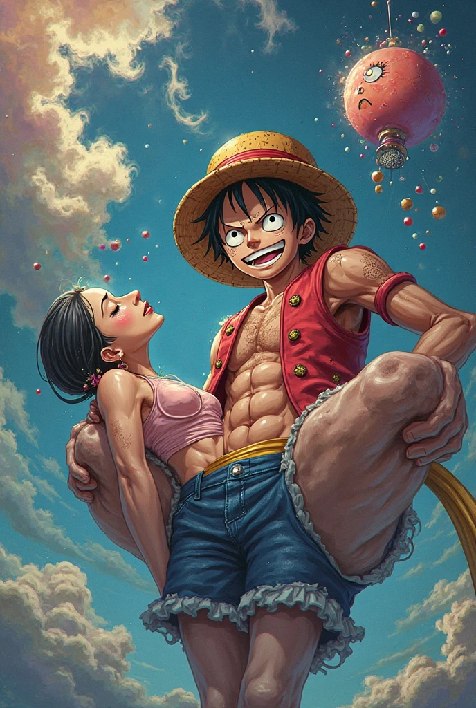Giant gear 5 luffy hugging nami by the cheek