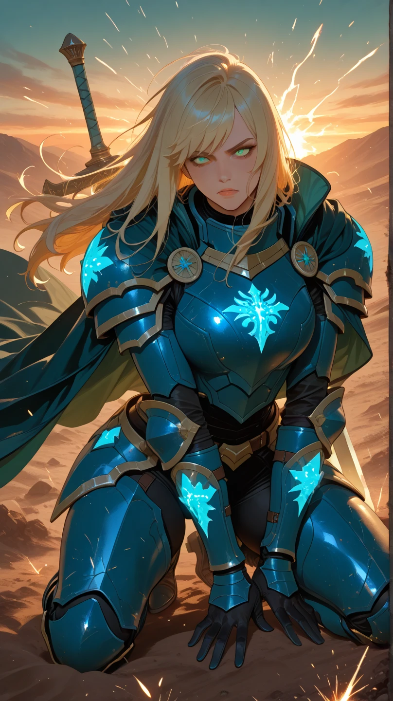 A determined and ambitious warrior with long blonde hair and blue eyes, wearing futuristic armor, who fights to become the strongest.