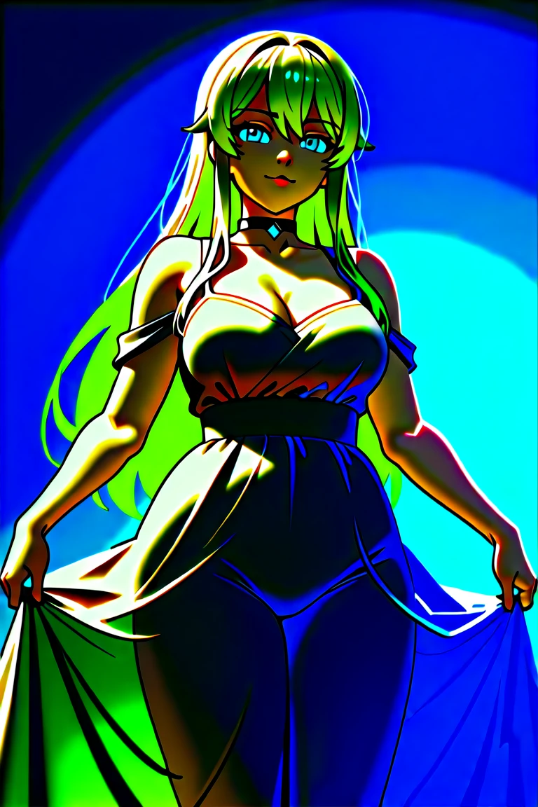 <lora:shilstone_artsls_v2:1.0>, (shilstone_arts:1.0), picture, drawing, painting, 1girl, ahoge, blonde hair, bodysuit, breasts, center opening, cleavage, gloves, green eyes, large breasts, solo, veil, zipper
