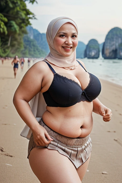 (Realistic) ((Hijab)) (real mature face) 68 Years old fat Brunei mature woman, sexy curvy, (sexy chubby body shape), (female warrior) (natural breast shape was exposed),warrior,Exposed bikini Armor,smile,full body shot