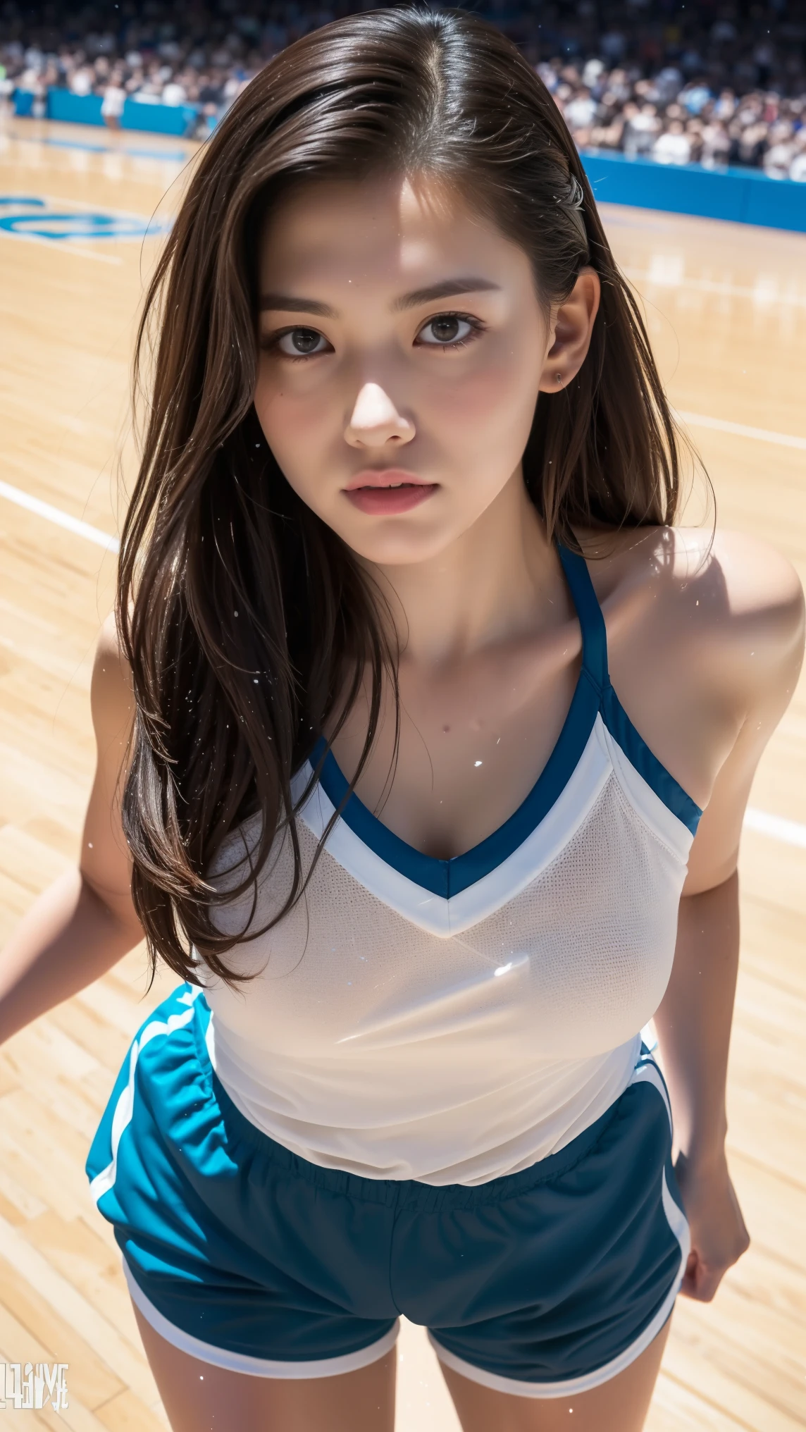 (best quality:1.2), masterpiece, Realistic, Ultra-high resolution, ((a beautiful Japanese idol woman:1.2)), (Gaunt:1.3), (((Very flat chest:1.4))), ((Baby Face)), (((Show me your sweaty armpits:1.2))), ((Upper Body:1.4)), (arms up), (focus on her armpit:1.3), ((Armpits are wet and shiny with sweat)), She has skin that sweats easily Soaking wet, (athletics stadium, track and field athlete:1.2), ((topless))
