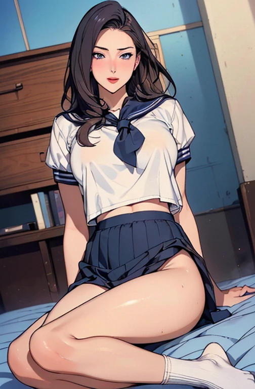 (masterpiece, Highest quality:1.2), One Girl, alone, whole body, Big Breasts,, Brown Hair,Big Breasts, Brown eyes, Mature Woman, ((Peeking up a skirt)), ((Skirt flipped up by the wind)), ((Not wearing panties)), ((No underwear)), break, ((Strong wind from the front)), (Embarrassing:1.6), ,((Vulgar)),Thick thighs,One Girl,((Between the breasts)),Pussy juice,lipstick, ランダムなカラーのSailor suit、((High quality fabric, Sailor suit, Navy Pleated Skirt)), ((Short length)), ((Wearing red high heels)),milking,pubic hair,