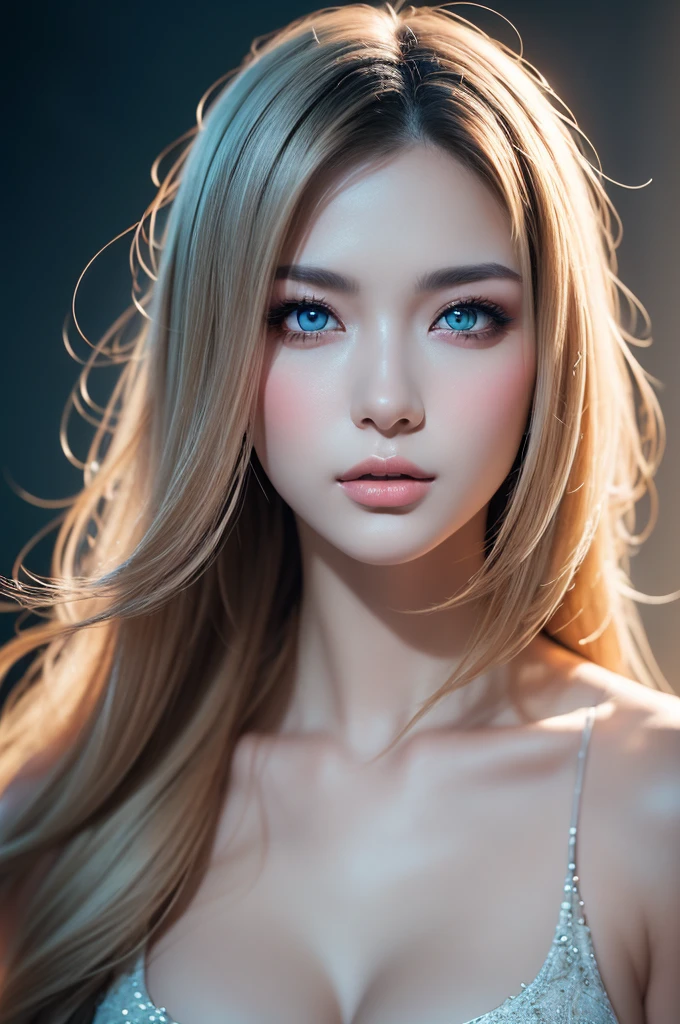 masterpiece, best quality, ultra-detailed, facing the camera head on, intricately detailed hyperdetailed, realistic, sharp features, highly detailed, sharp focus, perfect face, perfect face, perfect symmetrically perfect eyes, perfect full lips, flexible female form, cinematic, film light, hyper detailed, hyper realistic, masterpiece, atmospheric, high resolution, vibrant, dynamic studio lighting, nsfw, ((Dark background)), Sexy face, Facial expressions when receiving pleasure, straight Bangs, Big breasts, Exposed cleavage, blue Eyes,black sweater,