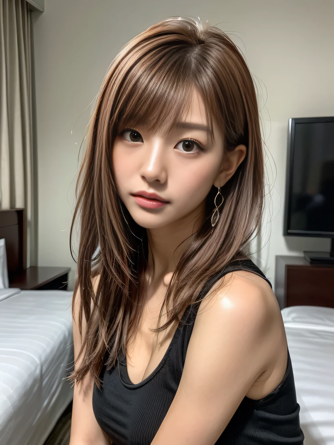 Best Quality, masutepiece, 超A high resolution, (Photorealistic:1.4), Raw photo, Realistic,
,(Spread your legs, Sit with your knees bent:1.5),Full body shot,A detailed face, (19 year old Korean idol)、(Natural makeup),1womanl,Brown hair,Medium Hair,Asymmetrical hair,asymmetrical bangs, slender,Cinematic lighting,luxury hotel room、
