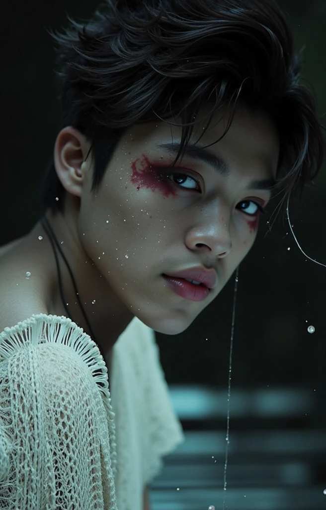 two hot man fight til the end, portrait, wet body by Sweat and white sperm, hair and face, advertise concept, confident, vogue magazine cover concept, shirtless, studio nature photo, grey wall, Wounded face due to a cut, with red blood face, sensual lips with blood and injury eyes