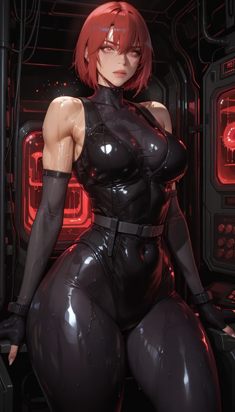 A female robot inspired by Catwoman rubber suit and gas mask Mechanical body Mechanical mouth Office at night, nffsw, retinas, masutepiece, ccurate, Anatomically correct, Textured skin, Super Detail, high details, High quality, awardwinning, Best Quality, hight resolution
