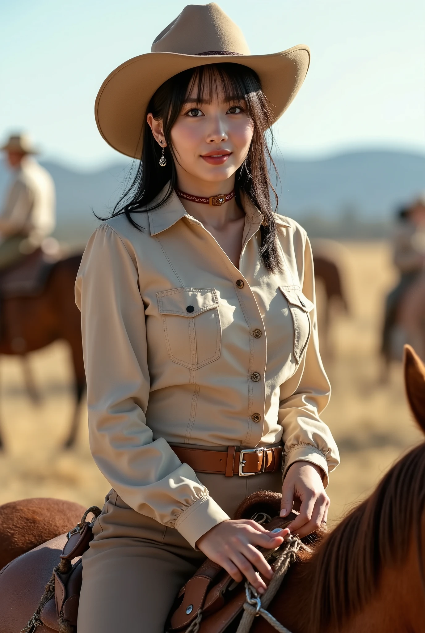 Create a portrait of a very beautiful Japanese singer with a slim physique, medium bust, and slender legs. She has medium-length hair and is dressed in a Western sheriff outfit. The setting is a Western film set, and she is enjoying horseback riding.