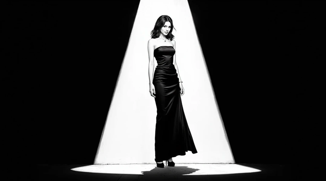 black and white, woman, Shadow Symphony, sharp focus, studio photo, 