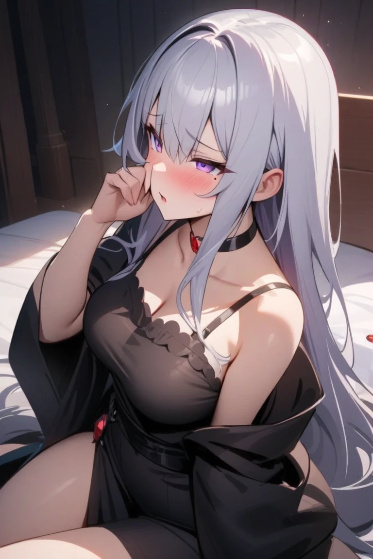 adult、Sweaty、Asuna、STAR、Silver Hair、Red Eye、Elves、Semi-transparent black lace wedding dress、Troubled face、High angle、The focus is on the cleavage、Free Pose、Moonlit Night、Withdrawal symptoms