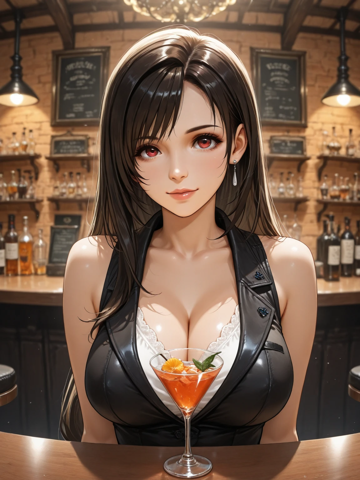 A flirtatious, provocative smile、Big Breasts、One female、Beautiful light brown hair、Updo,tattoo、Tank top,Ripped jeans,A deserted bar,Wilky,Ultra-high resolution, Accurate, Super detailed, Textured skin, High detail, highest quality, 8k, Detailed Hair,Detailed eyes,Focus on the face,Depict the figure from the waist up,Hooters