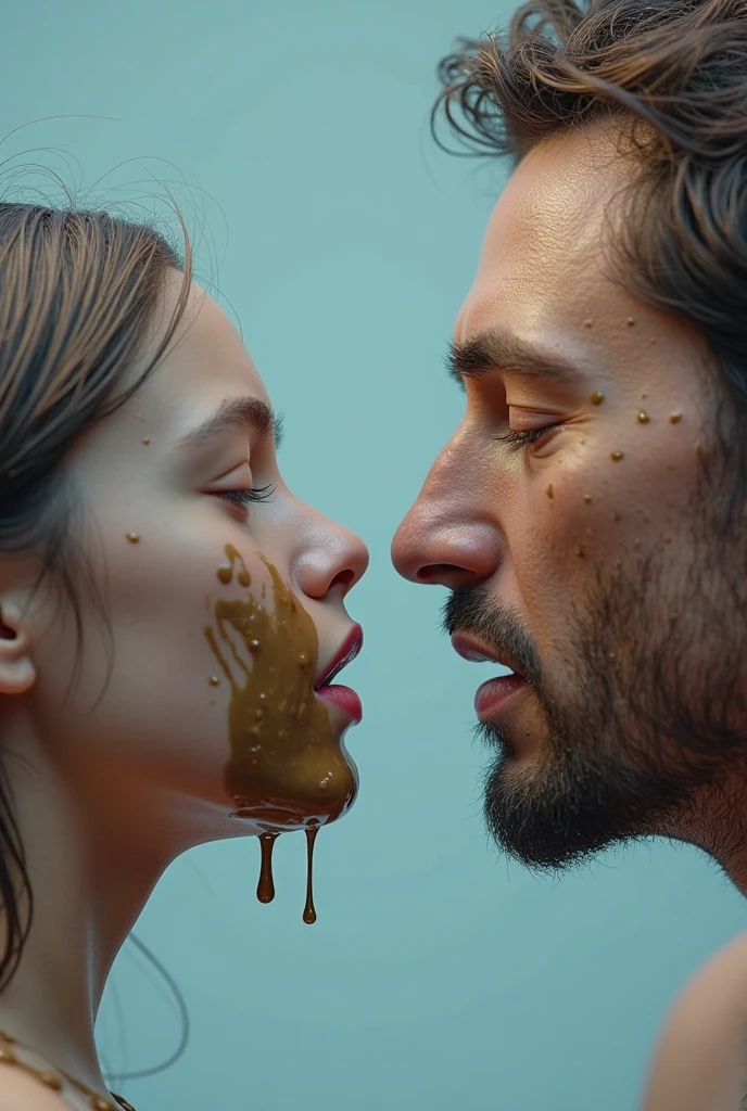 hyper-realistic ultra-surreal stunning couple kissing with a head full of milk like nonsense bizarre ultra-insane devices glued, bodies distorted and fused, Super-detailed, Ultra-realistic, Studio Quality, 48k / HD, High Contrast, hyper Realistic Shadows, octane Rendering, Sharp Focus