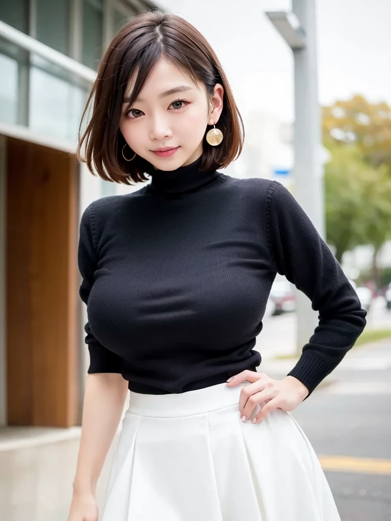 Female, 20 years old, short black wavy hair、bangss、Puffy nipple、(White Turtleneck Knit)、(Blue long skirt), Black stockingedium milk, cute smile face、((Poses that emphasize the buttocks、turned around))、sexy hips、Black High Heels、Big necklace、((((the wind blew my skirt, expose my panties...))))、(Light blue lace panties)、Cute earrings、(Tilt your head slightly) with sexy body with black bra and underwear in the bedroom