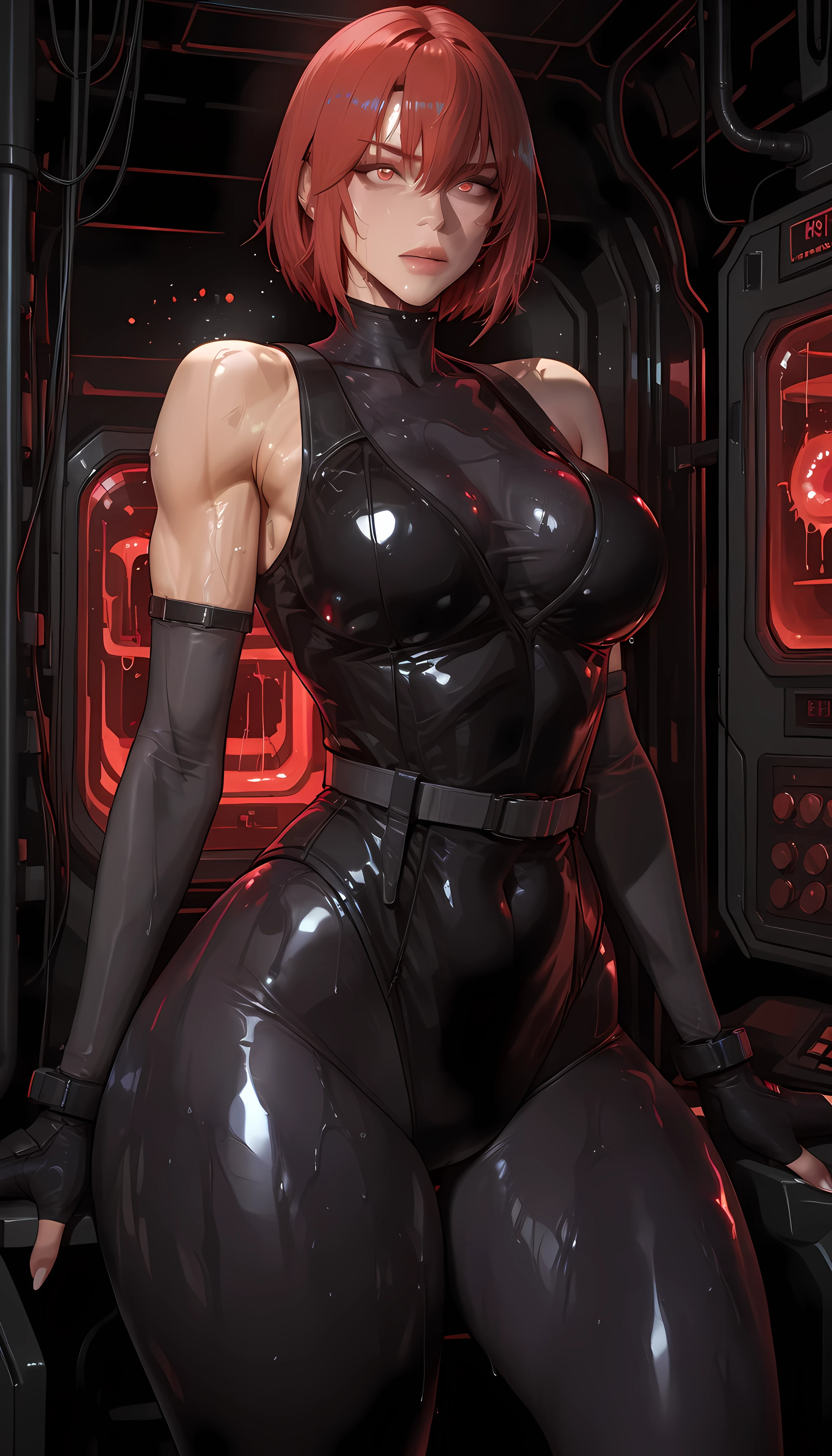 masterpiece, best quality, amazing quality, hyper-detailed, newest, very aesthetic, 1girl, thick thigh, Sweaty, medium breasts, large thighs, shiny, shiny muscle, dark laboratory, saigalisk, regina, bodysuit under clothes, fingerless gloves, leotard, detached sleeves