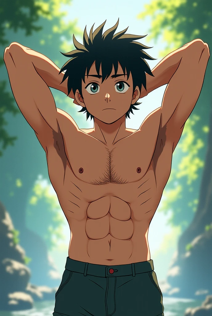 high resolution, boy, Eren Jaeger, Attack on Titan Anime, thin body, shirtless Eren, male, armpit, hard cock, ultra-detailed, (semi-realistic, photorealistic, photo-realistic:1.37), cinematic, highly detailed anime style.