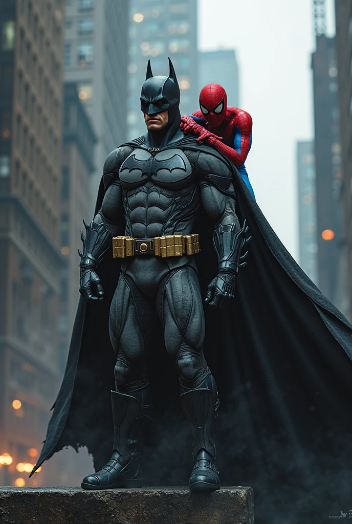 Make Batman and Spiderman pose together, after defeating some villains in gothan