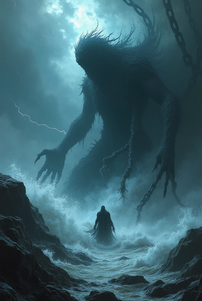 A monster over the sea with a moon in the background