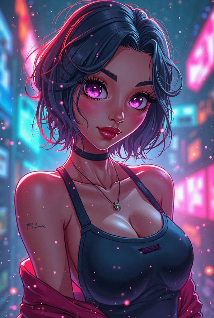 Purple skinned woman with black freckles, wearing a short black dress, with short hair shaved on the side and with green anime eyes