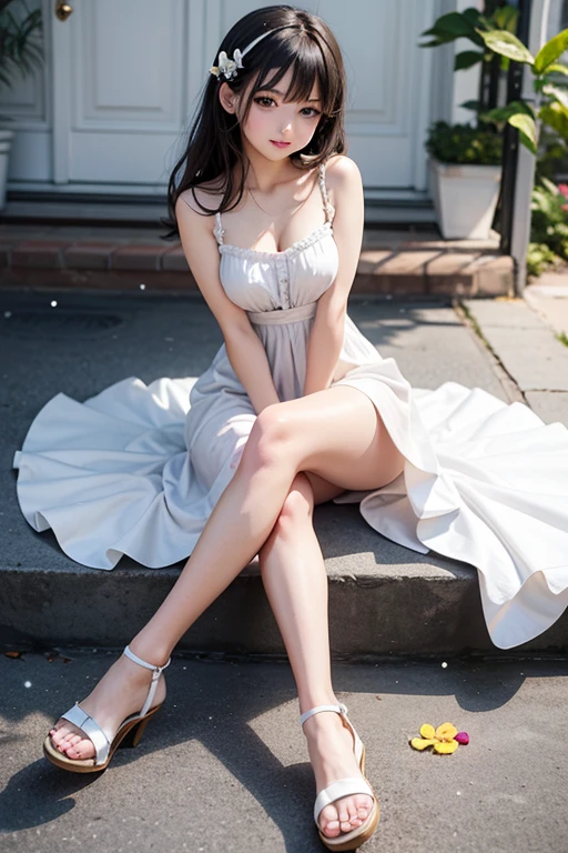 Sweet girl clothes10,korean dress, ((bare shoulders)), ((whole body)), actual, Fashion girl, red lips, mature women, cosmetic, big eyes, beautiful eyes, ((whole body)), ((from below)), (best quality, masterpiece:1.2), super detailed, (actual:1.37), ((Sexy long legs)), beautiful, young and energetic, Charming model with, big breasts, cleavage, very beautiful legs, Panoramic long legs, leg mold, (exquisite eyes, Detailed lips, extremely exquisite eyes), Show a bright smile, Create stunning girl images, warm color, Extremely high color saturation, official art, Extremely detailed CG unified 8k wallpaper,(high dynamic range :1.4), (cinematic),(pastel colors, The color is dull, soothing tone :1.3), (natural skin texture, ultra-actual, soft light, sharp),(Very detailed), night, moonlight, ((in the mountains, plant, Leaning against the rocks))