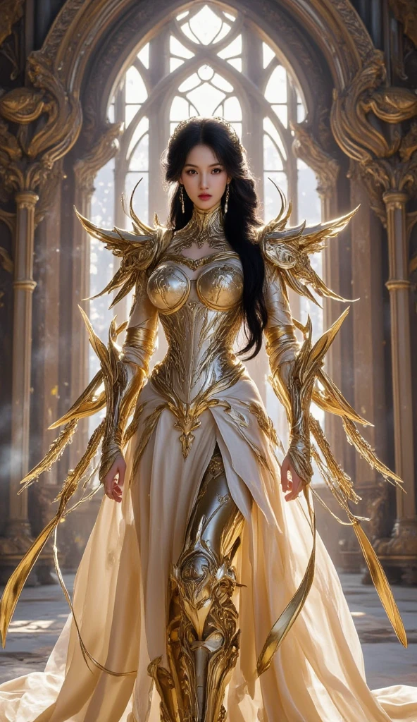 (RAW shooting:1.5, Photoreal:1.5, 8k, highest quality, masterpiece, ultra high resolution), medieval europe, world of magic and swords, perfect dynamic composition:1.2, Mysterious:1.3, Highly detailed skin and facial textures:1.3, cute and sexy slim female warrior, beautiful and aesthetic:1.2, cute and sexy beauty, perfect style, wear elaborate rings, hold up a great sword, Standing in honor:1.2, fire, water, Wind, thunder, ice, Fair skin, very beautiful face, (Medium chest, Chest gap), (embarrassing smile, The expression on your face when you feel intense caress, Facial expression when feeling pleasure), (sexy gold metallic armor:1.1, off shoulder, Navel exposure), (beautiful blue eyes, Eyes that feel beautiful eros:0.8), (Too erotic:0.9, Bewitching:0.9), full body shot, Ancient castle in the background