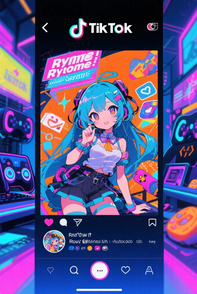 Anime girl, long purple hair, headset, gamer, people jacket, link bra, in front of a big screen, sitting