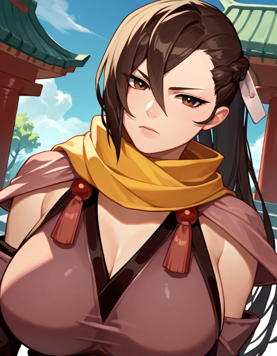 (masterpiece), best quality, expressive eyes, perfect face, kagero, hair over one eye, hair ribbon, yellow scarf, japanese clothes, cleavage, sash, upper body, large breasts, looking at viewer, japanese architecture, furrowed brow, smile, spring, pagoda, pond, slingshot swimsuit