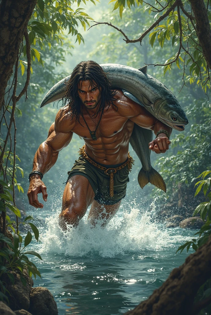 Tarzan sitting in front of a river in the jungle, arte digital, estilo Frank Frazetta, detalles, realista, 32 k, --auto --s2
