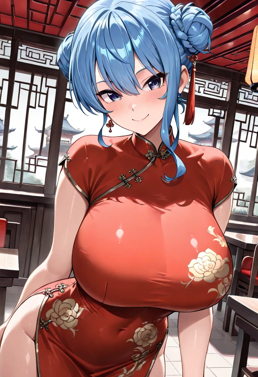 A sexy Red cheongsam short-hair Colossal tits a junior high school student Shy Fox ears and tail Blue hair cleavage of the breast