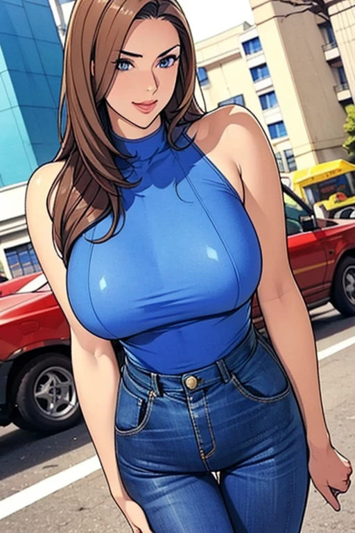Bright colored high necked sleeveless knit open chest, denim mini skirt, 20-year-old girl, plump and soft breasts and fair skin (very soft breasts), cleavage, fluffy nipples, curved forward, dark brown hair, pointyTail, Cityscape, Kamimei, shy smile, necklace, earrings, high heels (very detailed), (perfect facial details), (very detailed hands) realistic photos. well exposed thigh
